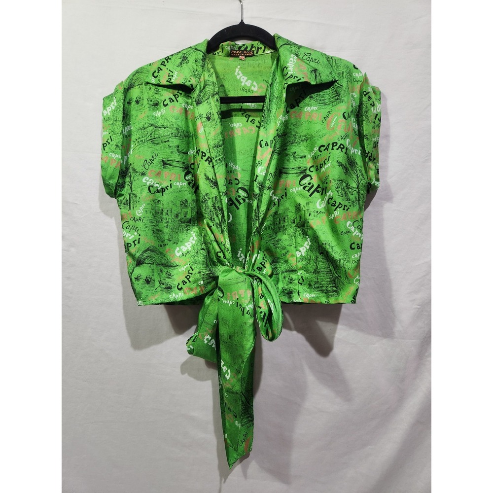 Cropped 100% Pure Silk Low Cut Front Tie Capri Italy Blouse 10 12